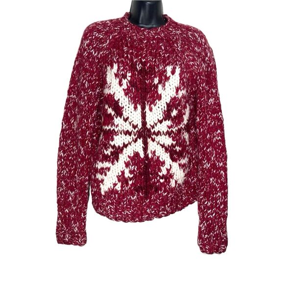Vtg Express Y2K Sweater Womens Large Red Wool Hand Knit Chunky Snowflake Grandma - Picture 1 of 10